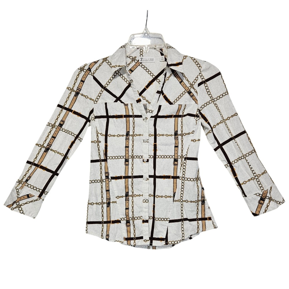 Women's White Chain Belt Print Button Down Shirt XS Equestrian Old Money Preppy